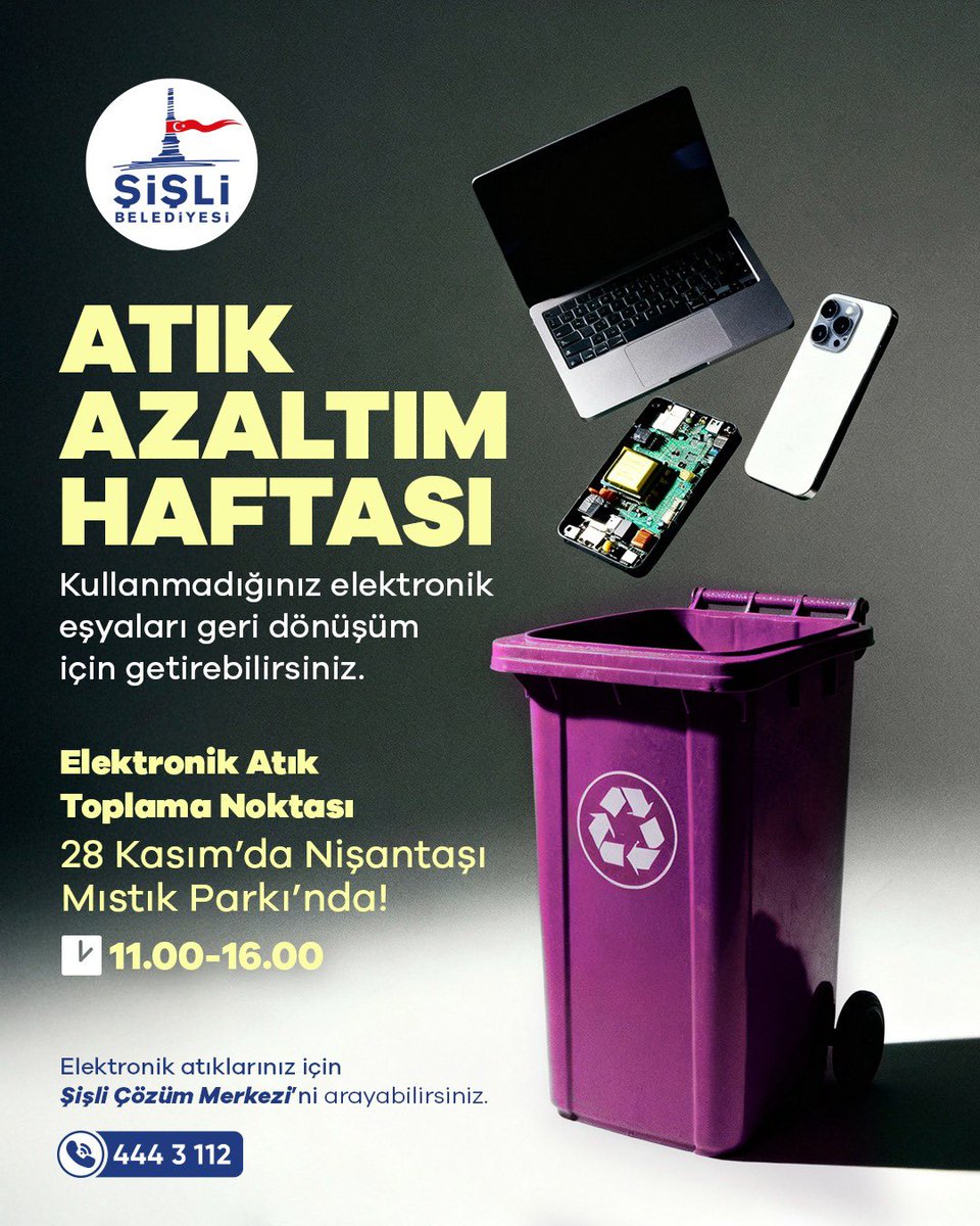 Atık Azaltım Haftası’nda Nişantaşı Mıstık Parkı’nda elektronik atık topluyoruz.♻️

Kullanmadığınız telefon, bilgisayar, kablo ve benzeri elektronik eşyalarınızı 28 Kasım Cuma günü 11.00–16.00 saatleri arasında teslim edebilirsiniz.