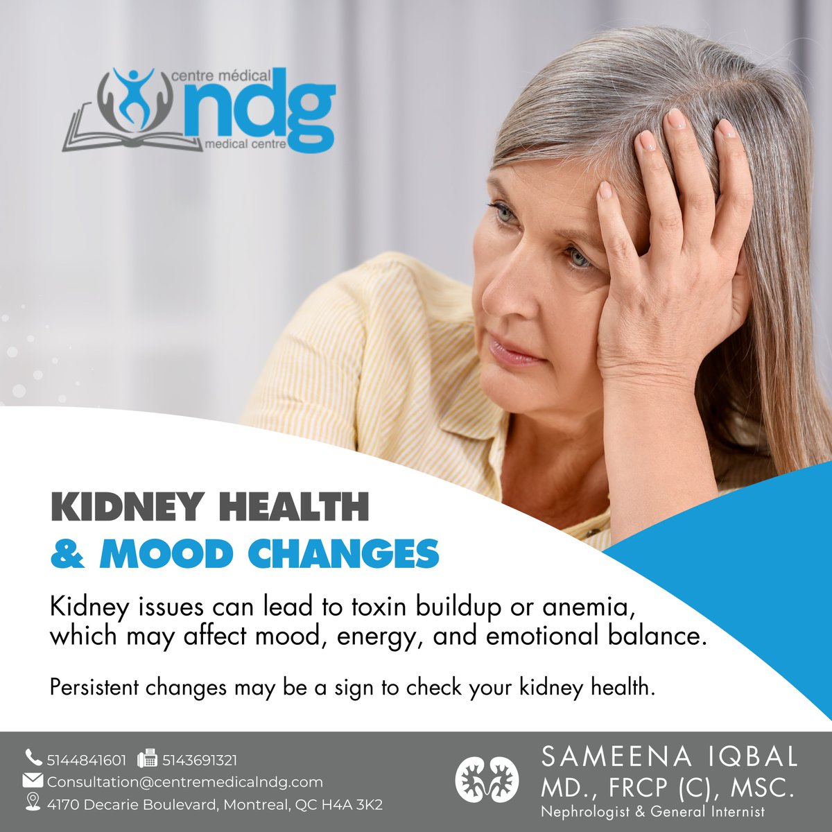 Iqbalsam2023's tweet image. Feeling unusually irritable or low on energy? Kidney-related toxin buildup or anemia can affect mood and emotional balance. Don’t ignore ongoing changes.

👉 Schedule your kidney evaluation today.
📞 514-484-1601 | 🌐 centremedicalndg.com

#KidneyHealth #MoodChanges