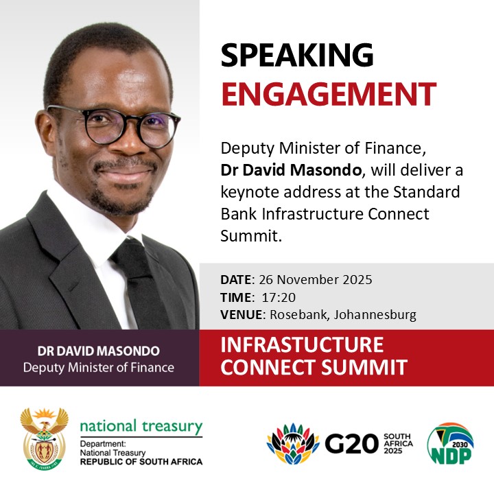 Treasury_RSA's tweet image. Deputy Minister of Finance @DrDavidMasondo will deliver a keynote address today at the @StandardBankZA Infrastructure Connect Summit.

#Summit #Keynote #Infrastructure