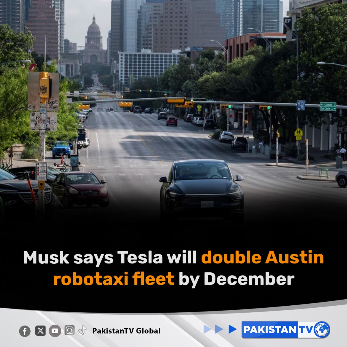 PakTVGlobal's tweet image. Tesla CEO #Elon Musk announced that the number of #robotaxis operating in #Austin, Texas, will double in December, after the company launched its self-driving service there in June.

#pakistantv #pakistantvglobal #NewsUpdate #Tesla