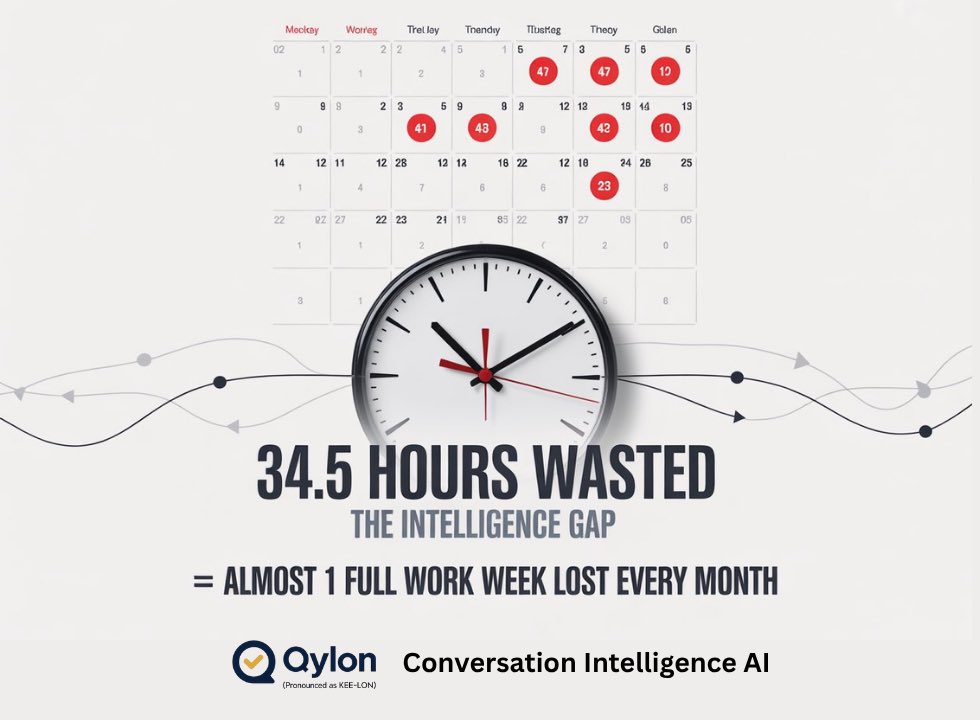 QylonAI's tweet image. Do you know how much time you waste after conversations?

Jane tracked hers for 30 days. The number made her sick.
34.5 hours per month just processing conversations into work.

Want to get your time back? Comment &quot;INTELLIGENCE&quot; or send a DM now.

#ConversationAI #qylonai Everton