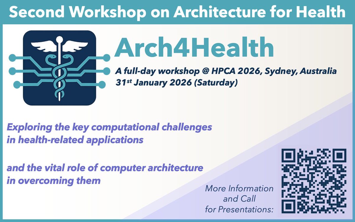 SAFARI_ETH_CMU's tweet image. Join us for our 2nd Arch4Health workshop on Sat, Jan 31 in Sydney, Australia @HpcaArchConf!

We&apos;ll explore the vital role of computer architecture in solving key challenges in health-related applications

🔊 Call for Presentations: events.safari.ethz.ch/hpca26-arch4he…
@nika_mgh @_onurmutlu_