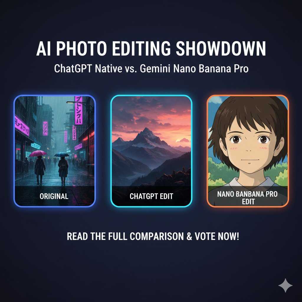 awesometawkir's tweet image. Tested ChatGPT Image Editor vs Gemini Nano Banana Pro on 10 real photo edits — cyberpunk, sky swap, Ghibli style, object add, winter effects.
See all comparisons 👇
🔗 tawkirjournal.com/post/chatgpt-n…

#AI #AIGenerated #ChatGPT #GeminiNano #PhotoEditing #TechReview