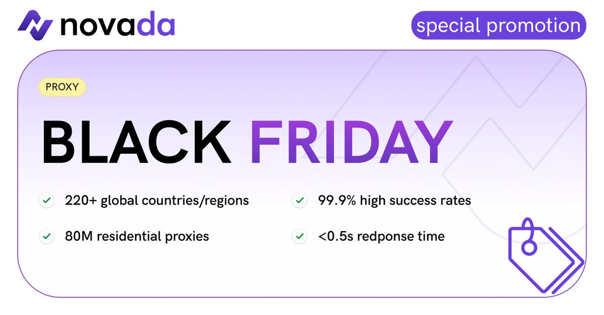 Novada_Proxy's tweet image. ⚠️ Unreliable proxies = hidden cost for web data.
Novada helps you:
🌍220+ countries
🏠80M+ residential IPs, 99.9% success
⚡&amp;lt;0.5s response
🔒No blocked sessions
🎉Black Friday: Up to 50% off!
Comment “BLACK FRIDAY” to chat
#BlackFriday #WebData #Proxies #DataEngineering #Novada