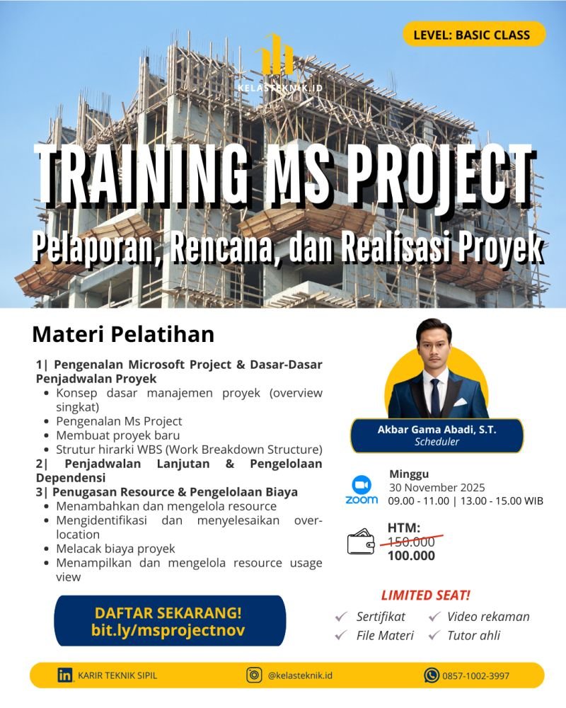 SoloMenfess's tweet image. [TRAINING MS PROJECT: Pelaporan, Rencana dan Realisasi Proyek]

Masih sering bingung bagaimana cara menyusun timeline, tracking progress, atau membuat laporan proyek yang rapi dan akurat? Kali ini kita akan membahas tuntas seputar Ms. Project secara intensif bersama…