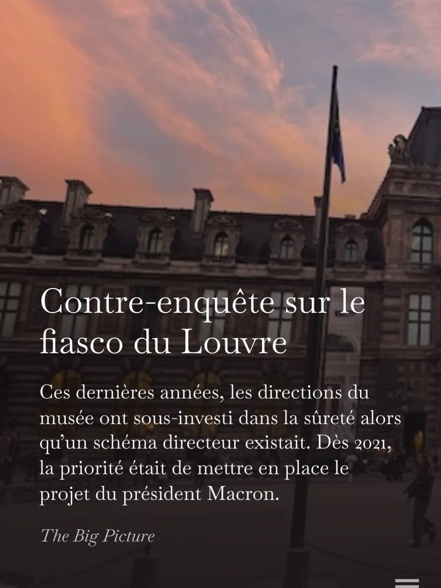 marcendeweld's tweet image. Louvre : suite à la révélation par @lemondefr de l’existence d’un audit extérieur pointant la faille de sécurité constituée par les fenêtres de la galerie Apollon, lisez mon enquête sur le fiasco du Louvre dans The Big Picture. Vous y apprendrez… (1) open.substack.com/pub/marcendewe…