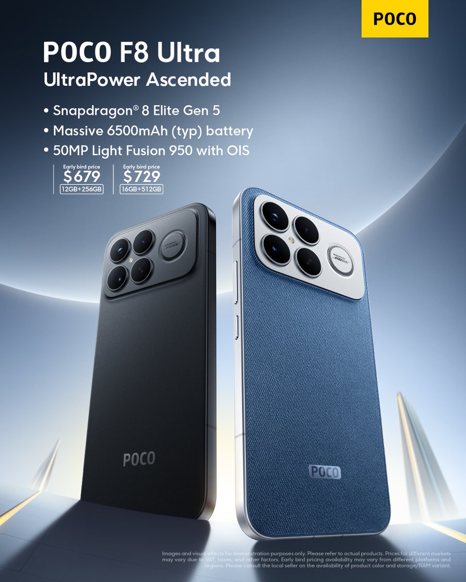 POCOGlobal's tweet image. UltraPower Ascend with POCO F8 Series 🚀
Ready to go full throttle?
Tap now to grab your POCO F8 Pro or POCO F8 Ultra at an exclusive launch price starting at $529!

And if you’re ready for next-level entertainment and productivity — don’t miss the new POCO Pad X1 and POCO Pad M1…