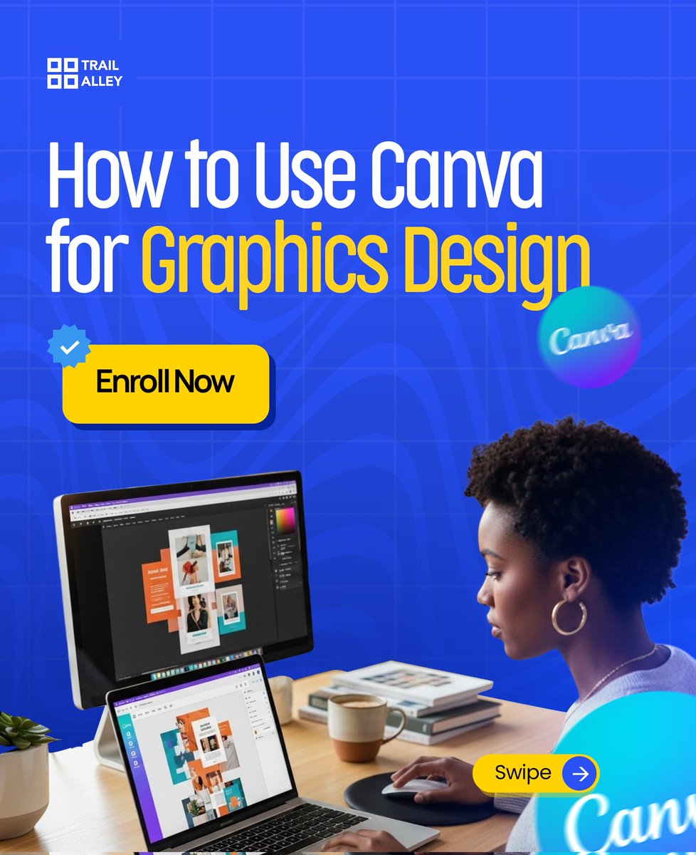 trailalley's tweet image. Transform your ideas into eye-catching visuals with Canva. 

Suitable for beginners, creators, business owners, or social media managers. 

Link: trailalley.co/how-to-use-can…

#TrailAlley
#TrailAlleyAcademy 
#LearnTechInBenin
#DigitalCourses
#TechAcademy
#GraphicDesign
