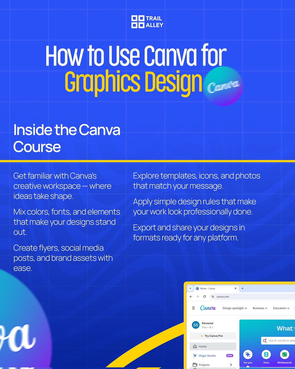 trailalley's tweet image. Transform your ideas into eye-catching visuals with Canva. 

Suitable for beginners, creators, business owners, or social media managers. 

Link: trailalley.co/how-to-use-can…

#TrailAlley
#TrailAlleyAcademy 
#LearnTechInBenin
#DigitalCourses
#TechAcademy
#GraphicDesign