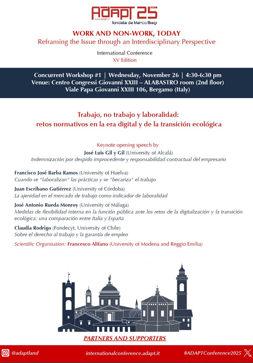 ADAPT_bulletin's tweet image. Up next at #ADAPTConference2025: Workshop #1 (4:30–6:30 pm, Alabastro Room).
Trabajo, no trabajo y laboralidad: retos normativos en la era digital y de la transición ecológica.
🗣️ Keynote opening speech by J. L. Gil y Gil (@UAHes)
🔗 Programme: internationalconference.adapt.it/full-programme…