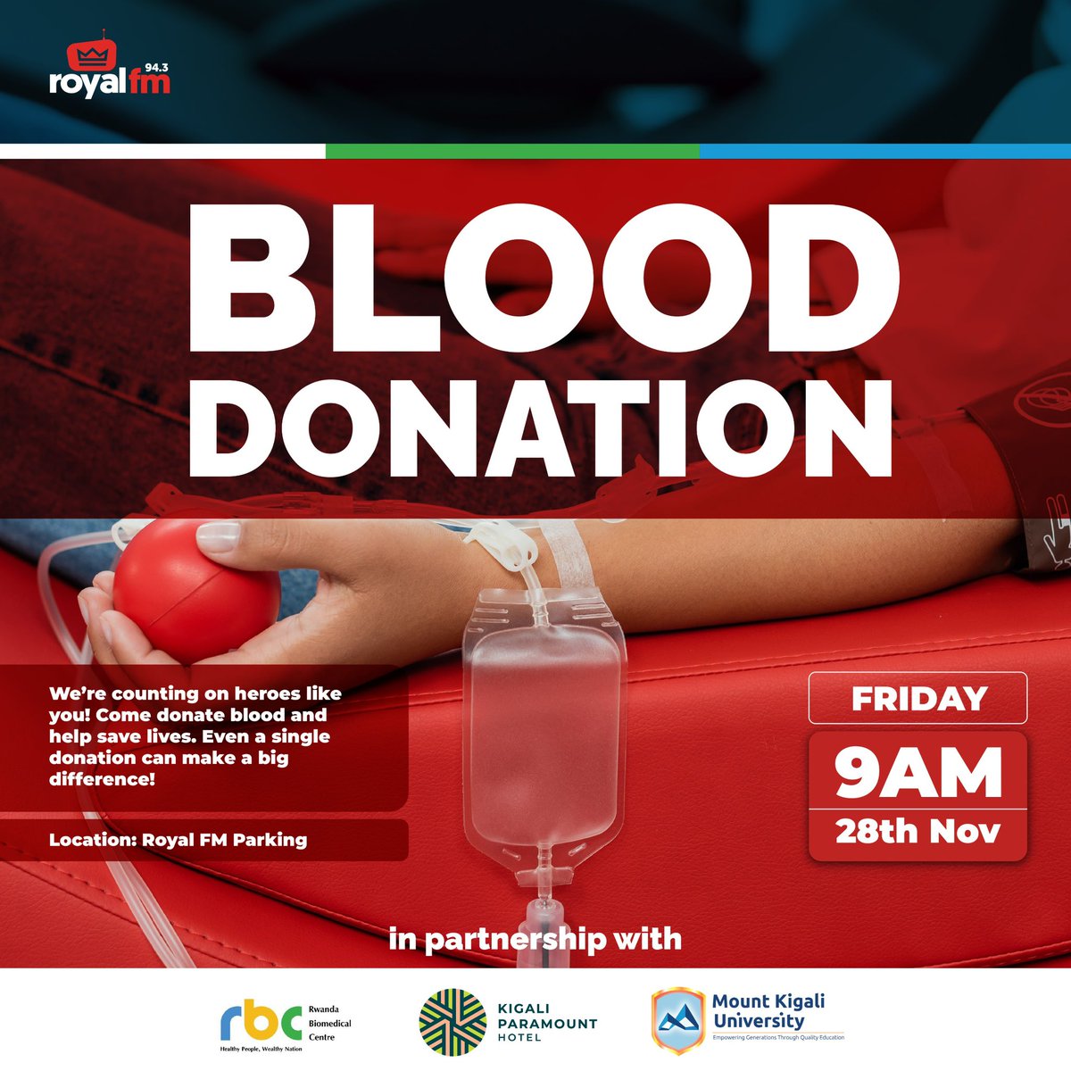 🩸 Be a Hero, Save a Life!
Join us this Friday at 9AM for a community blood donation drive at Royal FM Parking.
Your single donation can make a life-changing difference. ❤️
#RoyalFM #RoyalFMAt10