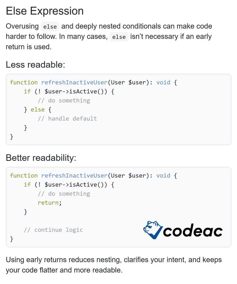 codeacio's tweet image. Writing cleaner code often starts with small improvements.
One simple change? Avoid unnecessary else statements.

Using early returns keeps your code flatter, clearer, and easier to maintain.

Codeac helps you spot these patterns automatically and write cleaner code every day.