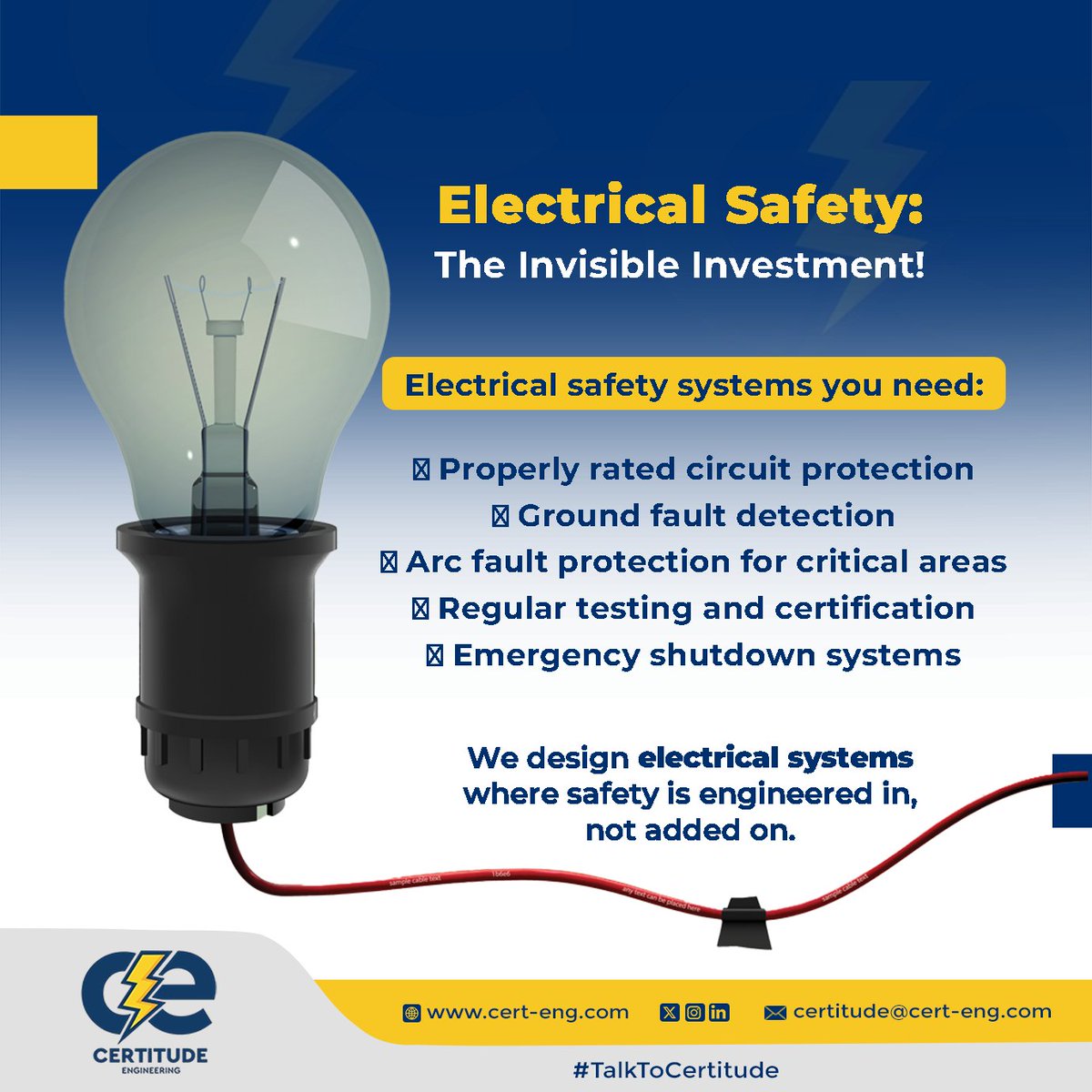 CertitudeEng's tweet image. Electrical safety isn&apos;t exciting until it prevents a disaster. We design protection into electrical systems from the start, because retrofitting safety after an incident is both expensive and too late.

#TalkToCertitude #ElectricalSafety #MEPengineering