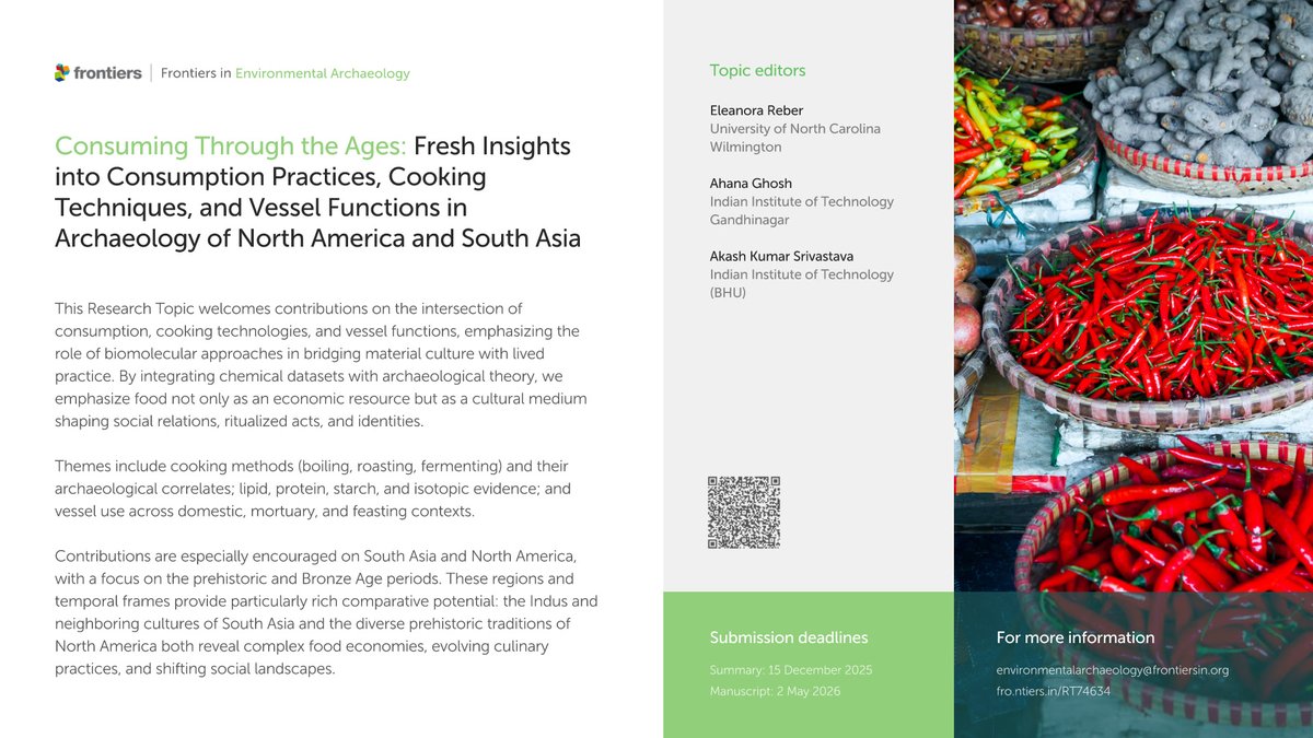 FrontHDynamics's tweet image. 📢New Research Topic open for submissions in #Frontiersin #Environmental #Archaeology! 

Do you use #biomolecular approaches to understand past human consumption, cooking technologies, and vessel functions? 🧪🍯🥜

Contribute to the discussion ➡️ fro.ntiers.in/RT74634