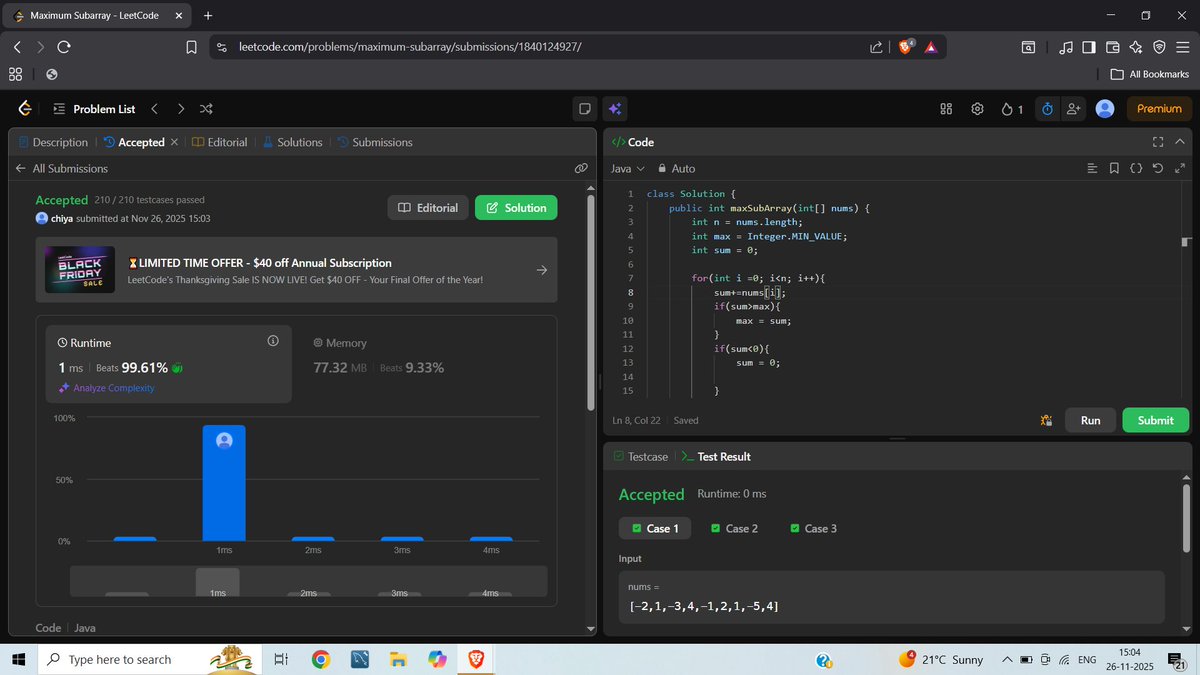 chiya_pandey's tweet image. Today I solved Maximum Subarray

Given an integer array nums, find the subarray with the largest sum, &amp;amp; return its sum.

I/p: nums = [-2,1,-3,4,-1,2,1,-5,4]
O/p: 6

Hint: use Kadame&apos;s algo in this question for optimal solution 

#leetcode #java #100daysofjava #kadamealgorithm