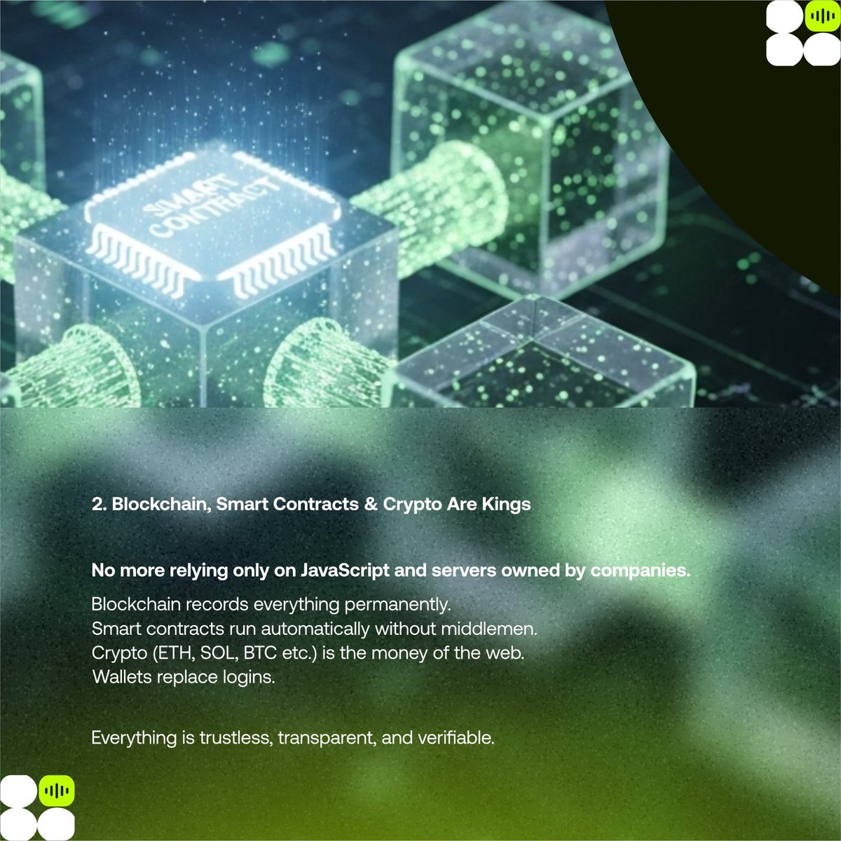 Web3Discuss's tweet image. Blockchain is the tech powering Web3. It&apos;s like a digital chain of blocks, each containing tamper-proof records of transactions or data.

Think of it as a public, unchangeable notebook that anyone can verify but no one can alter alone. From crypto payments to smart contracts,…