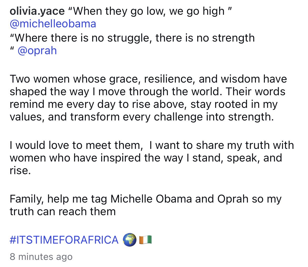 tj_canino's tweet photo. 🇨🇮MISS UNIVERSE CÔTE D’IVOIRE  OLIVIA YACÉ VIA INSTAGRAM POST:

“I want to share my truth with women who have inspired the way I stand, speak, and rise. Family, help me tag Michelle Obama and Oprah so my truth can reach them.”

☕️ https://t.co/xkAQ7oMXKU