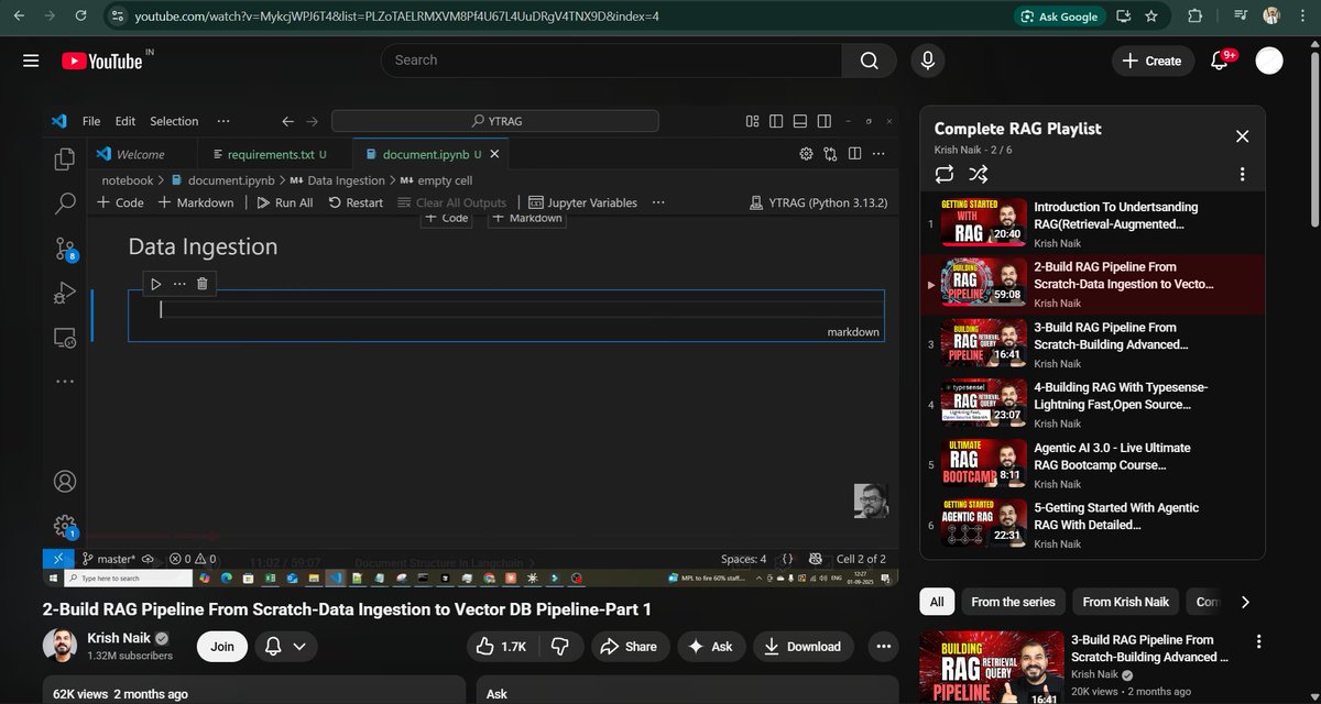 kundan_dhage's tweet image. Watching Lecture 2 of Krish Naik’s RAG playlist—diving into document structure, data ingestion, loaders, parsing &amp;amp; chunking.
Getting really interesting! 🚀
#RAG #GenAI #LangChain #AI