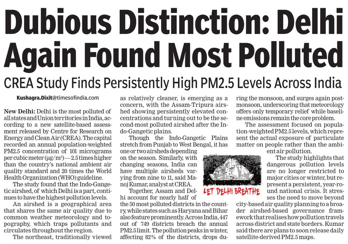 Delhi tops the list as India’s most polluted state/UT, says a new <a href="/CREACleanAir/">Centre for Research on Energy and Clean Air</a> satellite based study.
The capital’s annual population weighted PM2.5 hit 101 µg/m³; 2.5× India’s limit and 20× WHO’s guideline.

Indo Gangetic airshed remains the country’s pollution hotspot, while