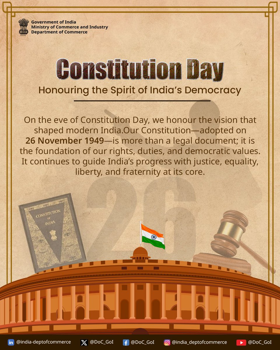 T_NaturalLaw's tweet photo. यह वही ऐतिहासिक 26 नवम्बर 1949 था जब संविधान सभा ,जिसकी बौद्धिक रीढ़ में डॉ. बी. एन. राव, डॉ. एस. राधाकृष्णन, आलादी कृष्णस्वामी अय्यर, के. एम. मुंशी जैसे शीर्षस्थ ब्राह्मण विचारक अग्रणी थे।भारत के संविधान को अंतिम स्वीकृति दे रही थी। राष्ट्र-निर्माण के इस निर्णायक क्षण में ब्राह्मण समाज ने सिर्फ वैधानिक ढाँचा नहीं दिया, बल्कि उस सांस्कृतिक-दार्शनिक चेतना को भी दिशा दी, जिसने भारत को विश्व के सबसे बड़े लोकतंत्र में रूपांतरित किया। भारतीय संविधान में निहित मानवतावादी मूल्य, तर्कशीलता, बहुलतावाद और न्याय की अवधारणा, सदियों पुरानी ब्राह्मण परंपरा की उस बौद्धिक विरासत का विस्तार हैं जिसने ज्ञान, शास्त्र, संवाद और राष्ट्रीय हित को सर्वोपरि रखा। आज संविधान दिवस पर हम केवल एक दस्तावेज़ को नहीं, बल्कि उन महान मनीषियों के योगदान को नमन करते हैं जिनकी साधना, विद्वता और राष्ट्रभक्ति ने भारत को आधुनिक गणराज्य बनाया। आप सभी देशवासियों को #संविधान_दिवस की हार्दिक शुभकामनाएँ।