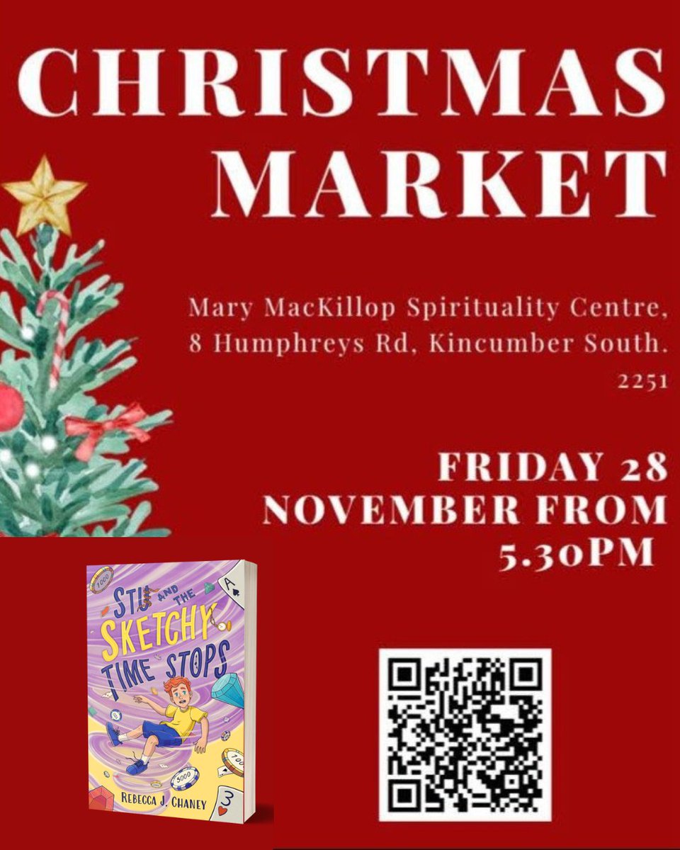 Come and say "Hi!" this Friday twilight at the Mary MacKillop Christmas Market at Kincumber South. I'll be sharing a stall with fellow middle grade author Fiona Lloyd, and it's the perfect time to grab some bookish Christmas gifts!

Scan the QR code for more details.

🎄 🎅