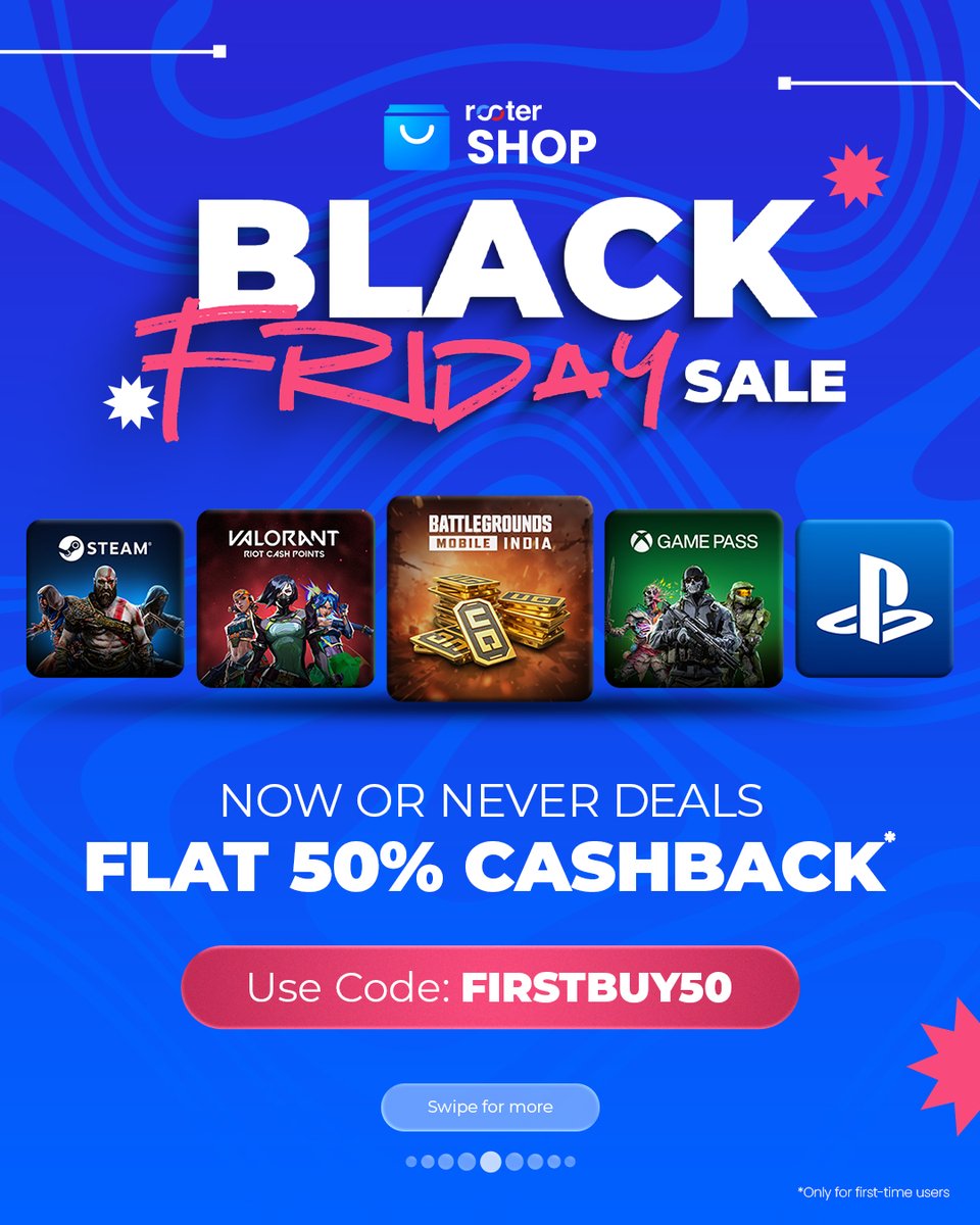 RooterSports's tweet photo. Get 50% Cashback on your first purchase from Rooter Shop.

Yes, it’s real.
Rooter Black Friday Savings Fest is Live.
Use Code: FIRSTBUY50

Link: https://t.co/grYPWvo4J3

#BlackFriday #BlackFridaySale #rootershop https://t.co/Tehw6gRWvD