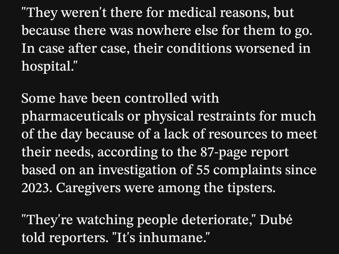 This is actively happening in Ontario.

Adults with developmental disabilities drugged and restrained while being held against their will.

Because "there's no where else for them to go" and "lack of resources"

Absolutely appalling. Nothing excuses this active abuse.