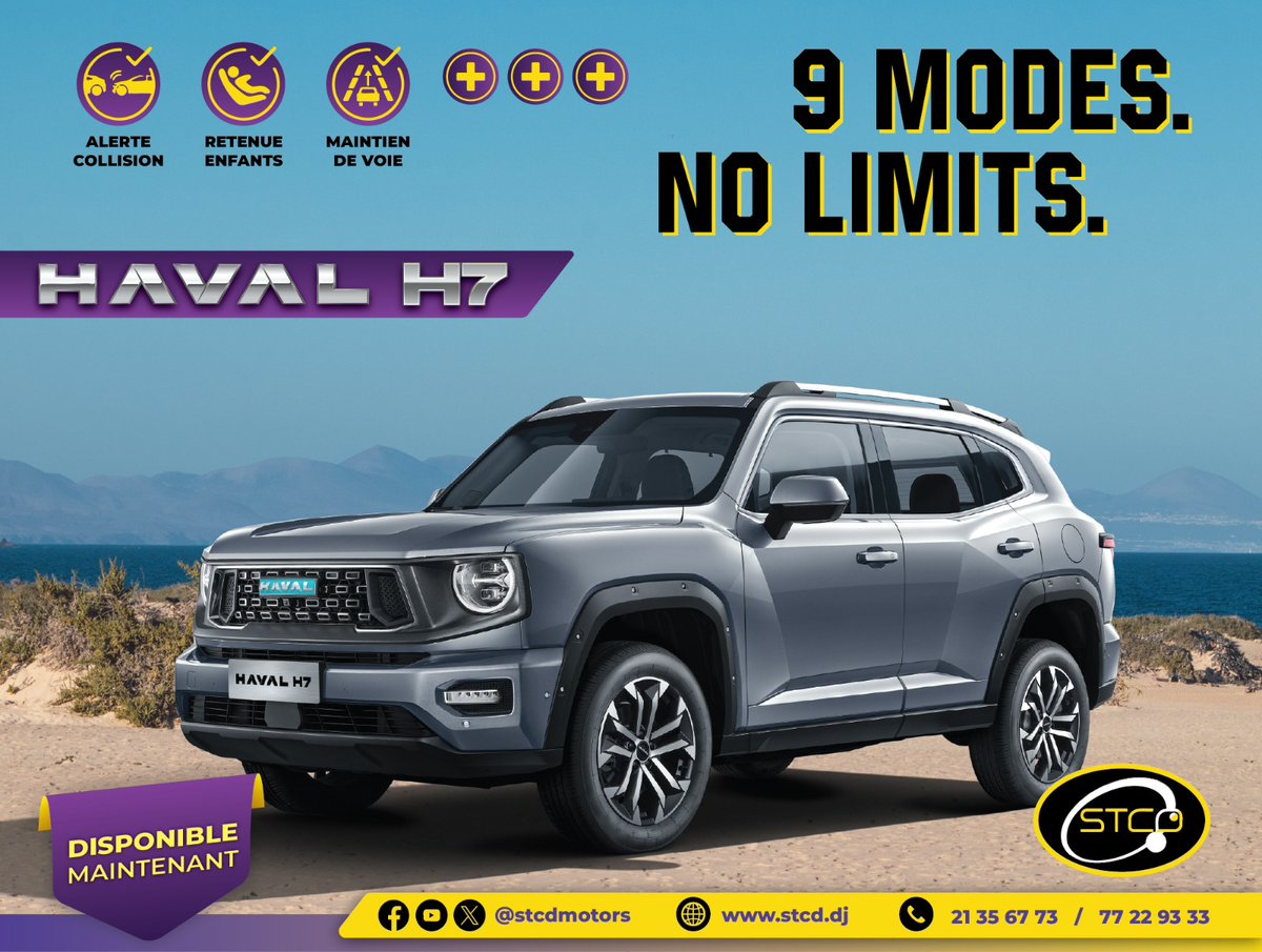 StcdMotors's tweet photo. 🚗HAVAL H7 — La puissance rencontre le confort.
Avec 9 modes de conduite, le H7 s’adapte à tous les terrains sans limite.
Profitez de ses technologies avancées : Alerte collision, Retenue enfants, Maintien de voie… pour une conduite plus sûre et plus intelligente.
  📌 Disponible maintenant chez STCD Motors.
Venez découvrir le nouveau niveau du SUV moderne.       
          STCD Motors – Djibouti
          ☎️ 21 35 67 73 / 77 22 93 33
          🪩 https://t.co/2DYO3IY8c2.