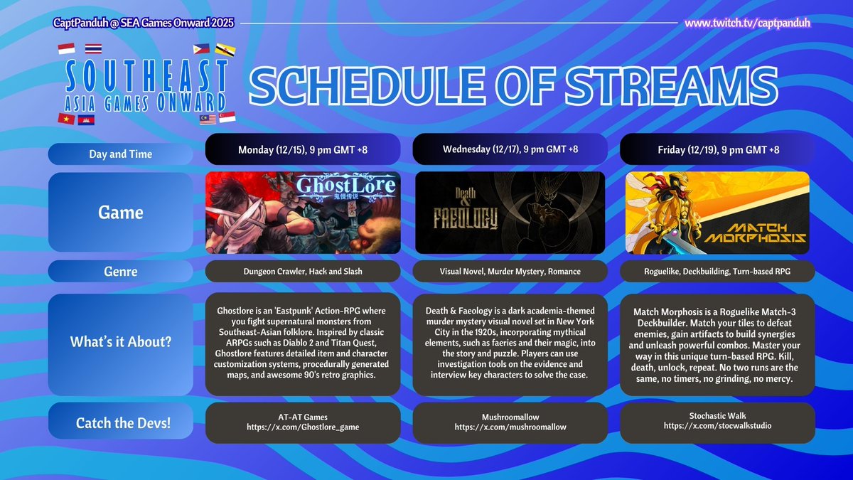 captpanduh's tweet image. ⭐️THIS IS IT! ⭐️

Announcing the stream schedule for the Southeast Asian Games Onward (SEAGO) 2025 Festival!

The streams run through all of December and will start on 9 PM GMT +8 ⌛️

From frantic FPS pew pewing, strategic turn-based combat, loot goblin-levels of hording, more…