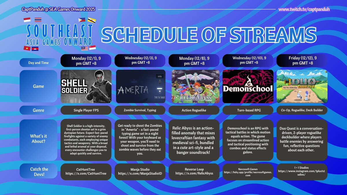 captpanduh's tweet image. ⭐️THIS IS IT! ⭐️

Announcing the stream schedule for the Southeast Asian Games Onward (SEAGO) 2025 Festival!

The streams run through all of December and will start on 9 PM GMT +8 ⌛️

From frantic FPS pew pewing, strategic turn-based combat, loot goblin-levels of hording, more…