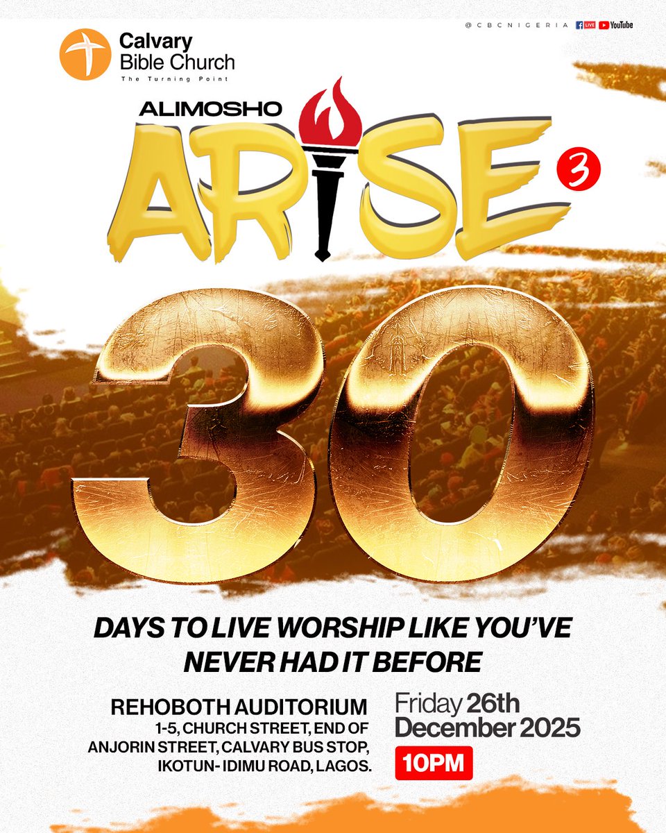 CBCNigeria's tweet photo. And the countdown begins!!!! 
30 is not just a number, but  also the sound of celebration!! 

Get ready for an electric sound of celebration as we significantly countdown to the biggest concert in Alimosho! 
Are you ready to Arise!!!
#Arise3 
#CBCat30
#newbeginning 
#CBCGlobal https://t.co/sHc4xpo1dY