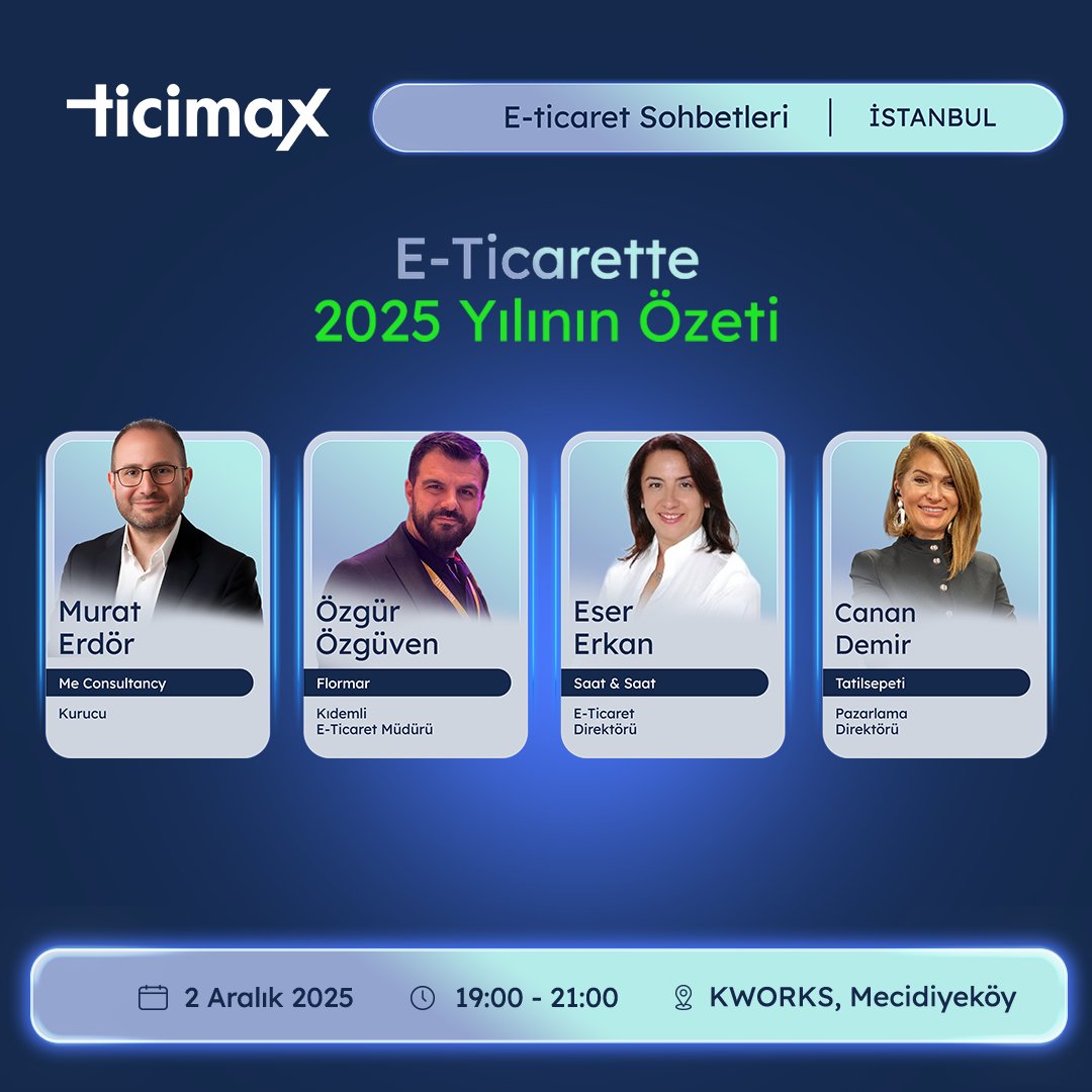 Dokuz yıldır düzenlediğimiz E-Ticaret Sohbetlerinde her ay sektörün deneyimli isimlerini ağırlıyor, güncel trendleri konuşuyor ve katılımcılarımıza sıcak, samimi bir networking ortamı sunuyoruz.

Ücretsiz gerçekleşen bu buluşmalarda misafirlerimiz hem bilgi alıyor hem de uzun