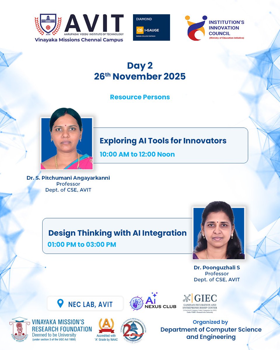 AVITChennai's tweet image. The second day is about furthering the knowledge from Day 1 a little further. Today, you will learn how to innovate using AI tools 

#AIInnovation #FutureWithAI #AIForEveryone #DigitalInnovation #AIDriven #TechForGood #AIRevolution #InnovateWithAI #NextGenLearning \