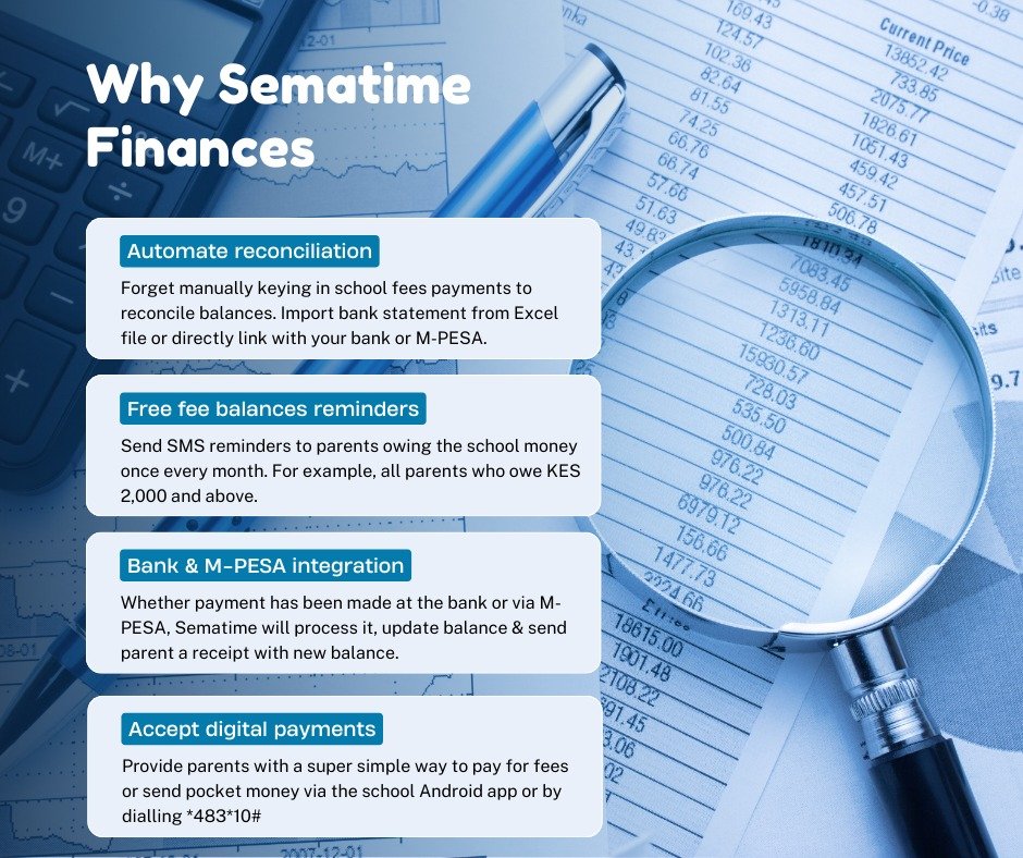 Sematime's tweet image. What is Sematime Finances?

A comprehensive school fees management solution with invoicing, automated reconciliation with your school bank accounts or M-PESA paybill, pocket money collection, send e-receipts &amp;amp; automated fee balance reminders.