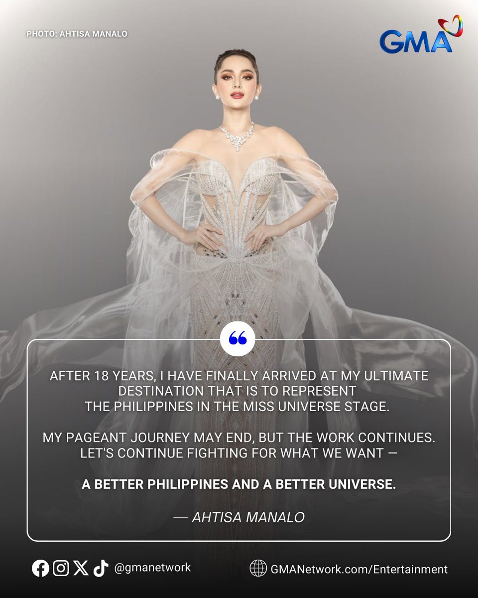 gmanetwork's tweet image. &quot;A BETTER PHILIPPINES AND A BETTER UNIVERSE.&quot; 🗣️👑

Miss Universe 3rd Runner Up #AhtisaManalo expressed her reflections online, sharing how fulfilled she felt after reaching the end of her pageant journey. 

#KapusoTalks
#KapusoShowbizNews