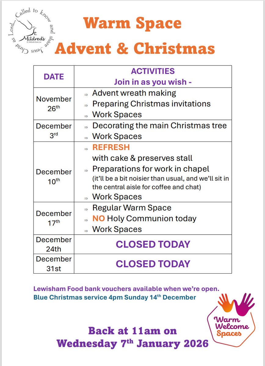 OPEN TODAY 11-3! <a href="/WarmWelcome_UK/">Warm Welcome UK @warmwelcomeuk.bsky.social</a> 
Free Advent wreath making at 1.30pm. Free refreshments, WiFi, warmth and Work Spaces. All welcome - come as you are. <a href="/Afril/">AFRIL</a> <a href="/lewishamfood/">Lewisham Foodbank</a> <a href="/LewishamCouncil/">Lewisham Council</a> <a href="/SouthwarkCofE/">Southwark Diocese</a>