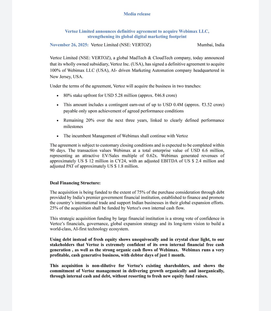 subrata_minu's tweet image. Vertoz 

Vertoz to acquire 80% of Webimax for USD5.28M; total EV USD6.6M; remaining 20% over three years.

#Vertoz #Investor #Niftycrash #OptionsTreding #Investing #Breaking #Nifty #BreakingNews