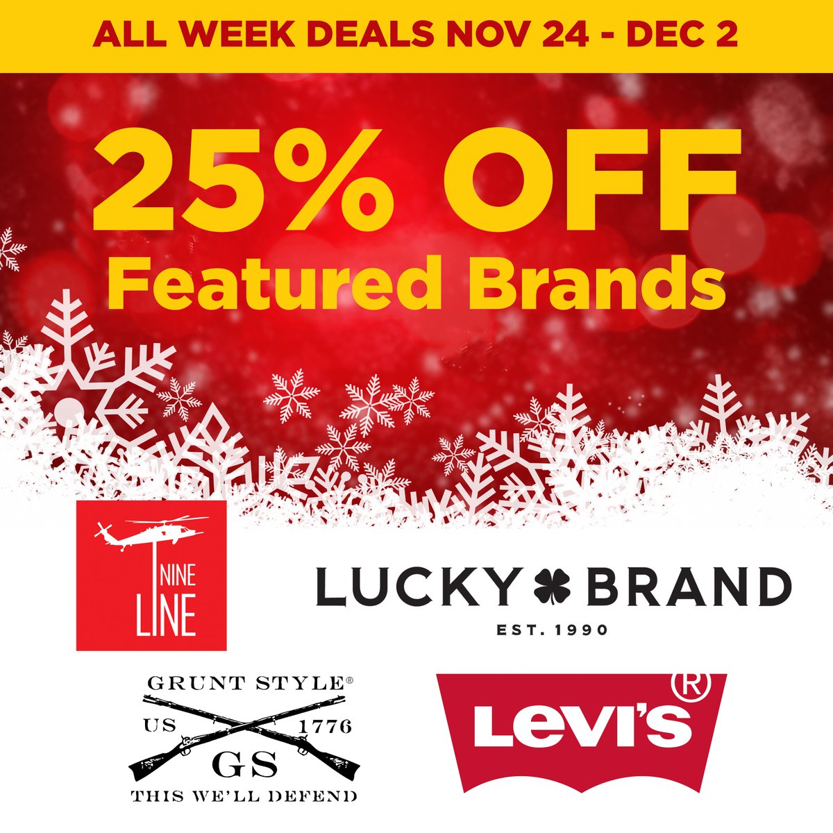 25% off Nine-Line, Gruntstyle, Lucky Brand, Levi's and more! Deals end Dec 2nd ❄️