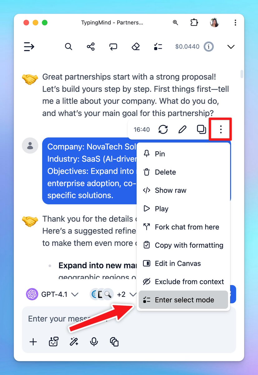 TypingMindApp's tweet image. Added bulk actions to help you manage messages within a chat easier:

✅ Include or exclude specific messages from the conversation context
✅ Delete selected messages

--- 
👉 Get TypingMind at 60% OFF now: typingmind.com