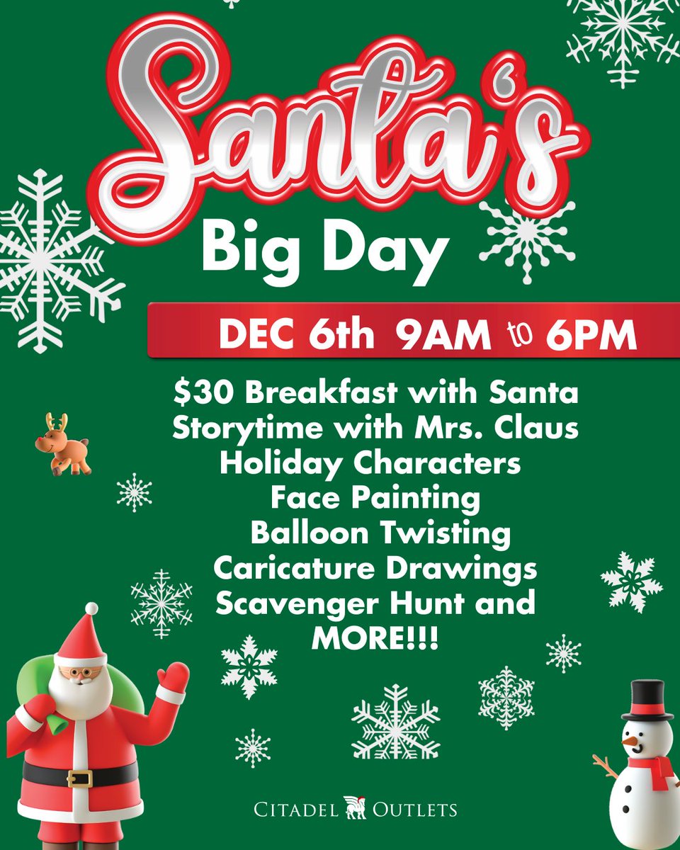 citadel_outlets's tweet image. Santa’s Big Day is back on December 6! Don’t wait — grab your tickets at the link in our bio!