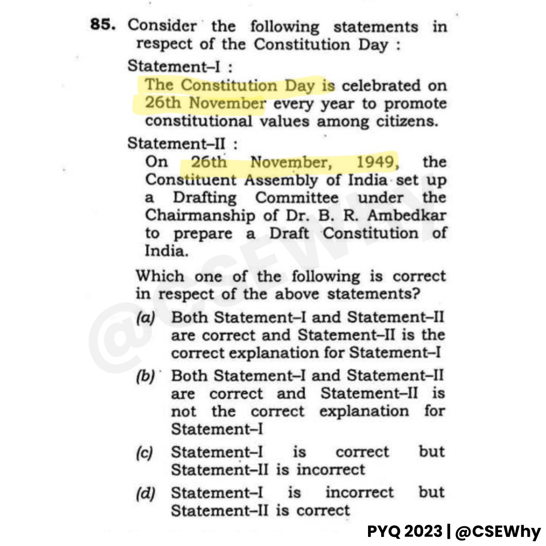 CseWhy's tweet image. As Bharat is celebrating #ConstitutionDay today,

Solve this #UPSC PYQ 2023.