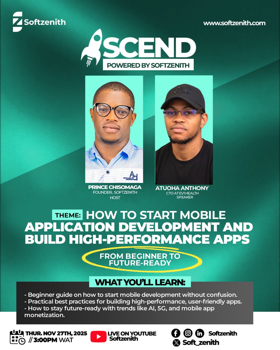 soft_zenith's tweet image. Join us this Thursday at Ascend as we break down how to start your mobile dev journey the right way

Live on #YouTube with @AtuohaA
And @princechisomaga

• How beginners can get started easily
• Tips for building high-performance, user-friendly apps
#MobileDev #TechNigeria