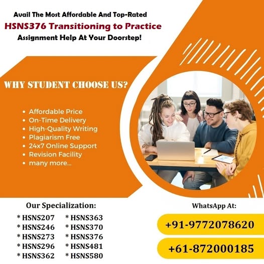 ShirleyNicole26's tweet image. Our personalized HSNS376 Transitioning to Practice assignment help services are offered at most affordable and inexpensive rates.
#HSNS363 #HSNS370 #HSNS374 #HSNS376 #HSNS481 #HSNS574 #CourseHelp #AssignmentHelp #AustraliaTopWritingService #OnlineTutoring #UniversityOfNewEngland