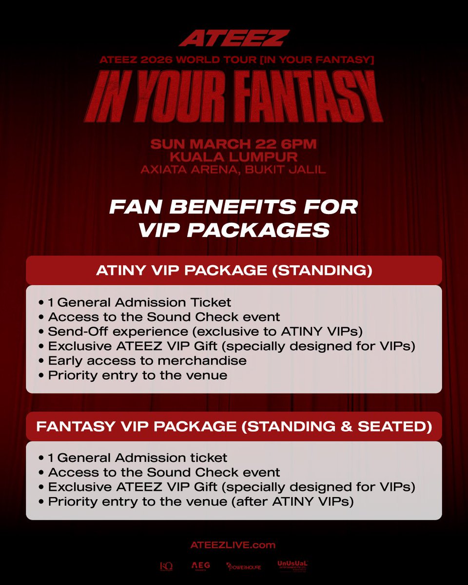 MyKpopHuntress's tweet image. ATEEZ 2026 WORLD TOUR [IN YOUR FANTASY] IN KUALA LUMPUR 🇲🇾

📅 22 MAR 2026 | SUN | 6:00PM
📍 Axiata Arena, Bukit Jalil
🎟 RM1198 -398

✨️ Ticket OPEN ✨️

🔹 ATINY Membership Presale Registration
26 Nov (Wed), 8AM – 29 Nov (Sat), 12PM MYT
🔗 Register now:…