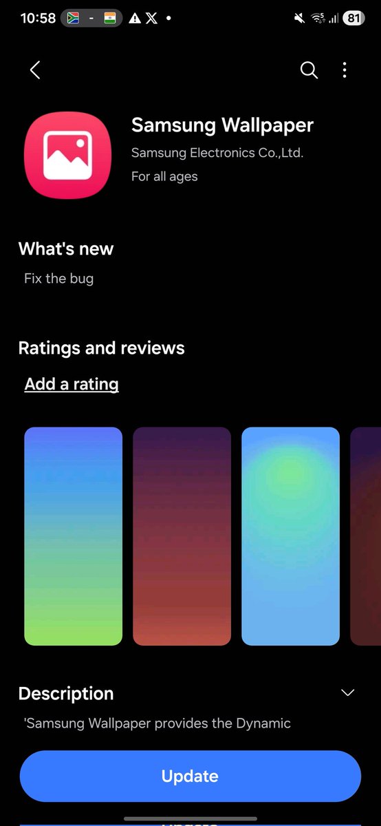 New update : Samsung wallpaper : I read somone reporting that the dynamic gradient wallpaper automatically defaults to a static stock wallpaper overnight on galaxy phone which was a bug. Probably this new update would fix that
