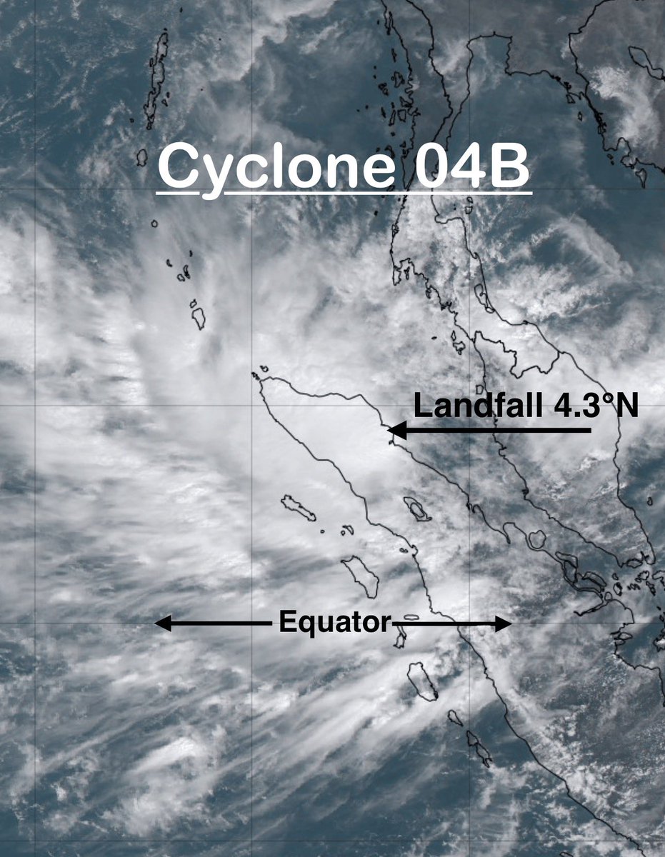 Cyclone 04B has made landfall in #Indonesia at 4.3°N.

The storm is now the 2nd-southernmost landfalling tropical cyclone (of TS strength or stronger) ever recorded in the Northern Hemisphere, behind only VAMEI 2001 (at 1.5°N).

A very rare location for development/landfall!