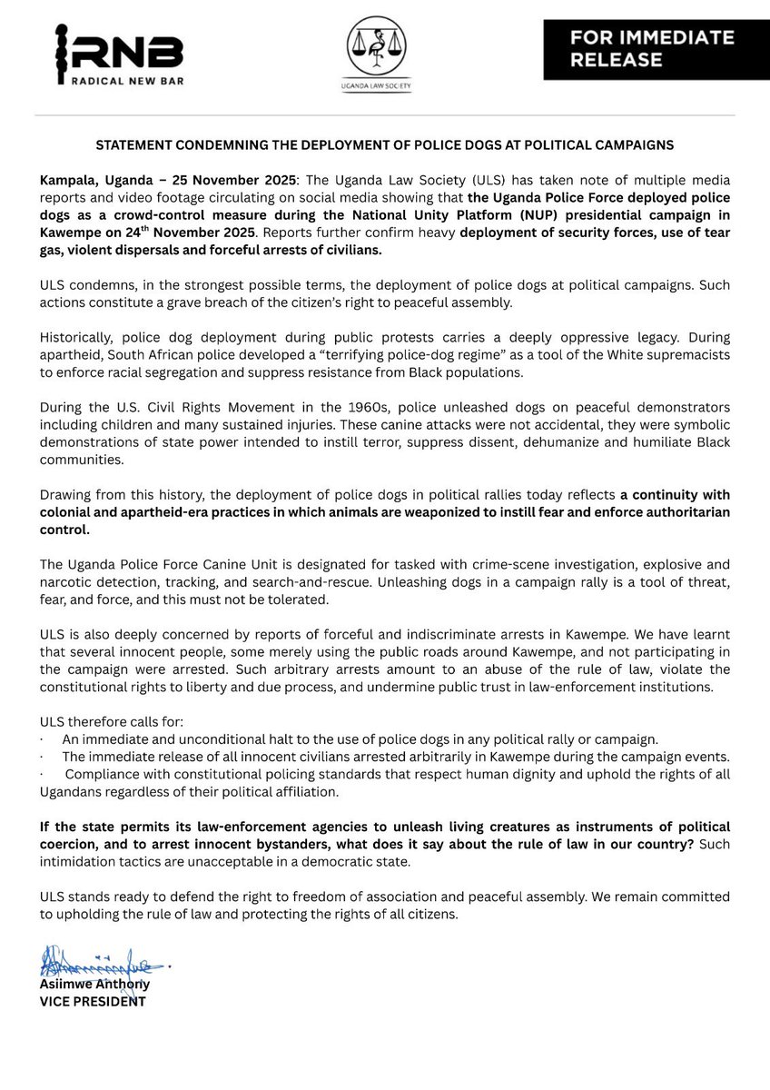 HEBobiwine's tweet photo. We appreciate the Uganda Law Society for joining other citizens in condemning the barbaric, criminal use of police dogs to attack and harm our supporters at our rallies! The regime is deploying these colonial, apartheid tactics because it is in great fear of the people. WE SHALL OVERCOME! 
#FreeUgandaNow
