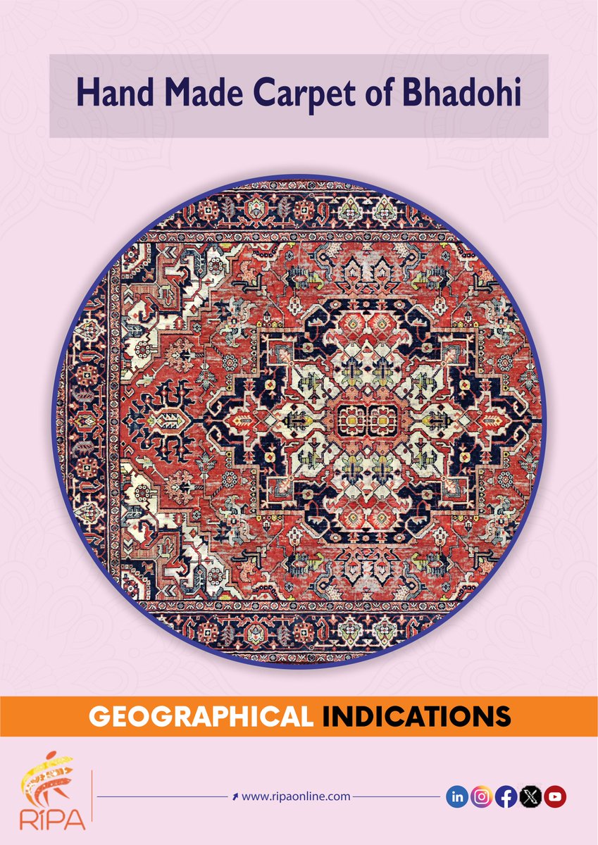 ripaonlineindia's tweet image. Hand made Carpet of Bhadohi, renowned for its hand-knotted wool and silk floor coverings. Features durability, intricate patterns, and fine craftsmanship.
Read more: ripaonline.com/hand-made-carp…
#ripa #GItag #UttarPradesh #Handmade #Carpet #Bhadohi