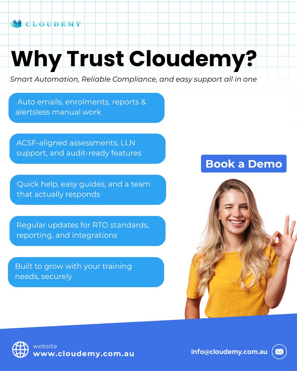 Cloudemy244569's tweet image. ✨ Your RTO deserves tools you can trust and that’s exactly what Cloudemy delivers.,
Choose Cloudemy. 🚀

#Cloudemy #RTO #RTOSoftware #TrainingProviders #EdTech #EducationTechnology #ComplianceMadeEasy #LLNAssessments #ACSF #StudentManagement #AutomationTools #VETSector