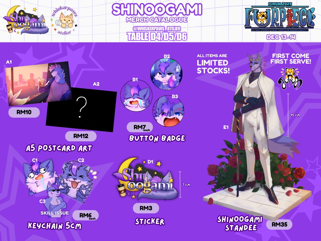 hello everyone its me Shinoogami and today i have a big announcement where i`ll be opening a booth at FURUM (Whiskerpaws Atelier) this year and its my first time doing it. All item are very limited so, there will be no pre-order!

"first come first serve!" 

#FURUM2025